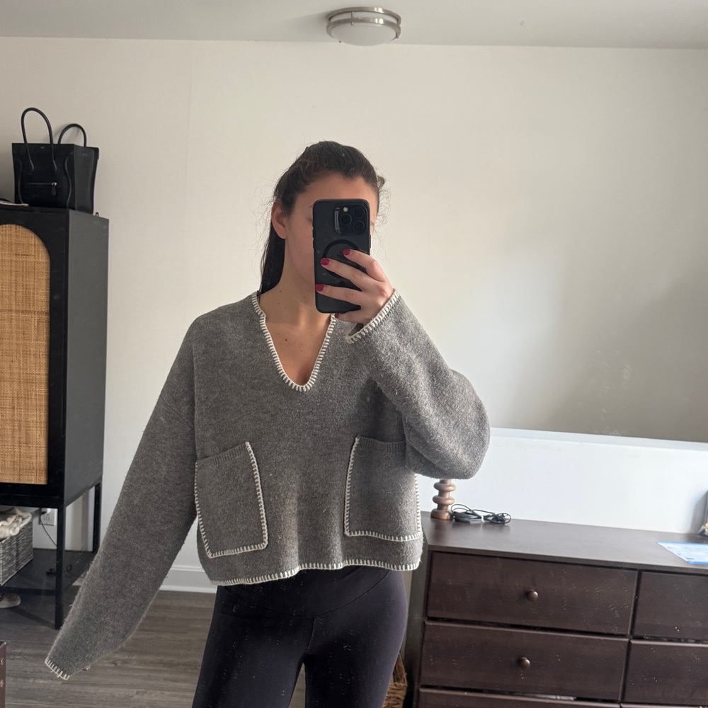 Zara Gray V-Neck Sweater with Pockets